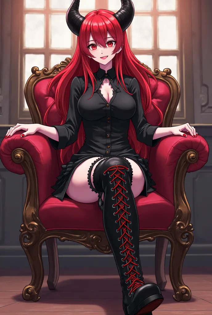 You have, in the anime style of Boku No Hero, a 45-year-old adult woman with black horns, Long haired red, white skin, scarlet eyes, And who wears a black shirt,  short black,and long gothic black boots with red laces,  she's sitting in a chair , You have ...