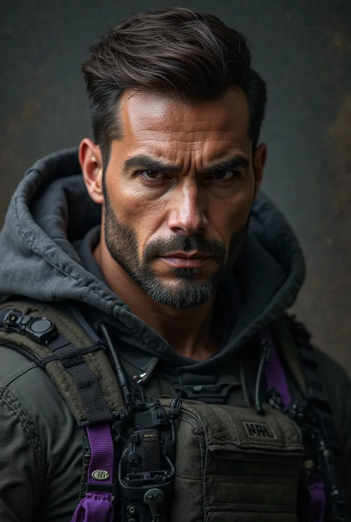 Elite military figure, Male Hair, 30 YEARS, nationality half American half Colombian, brown hairstyle  , equipment dark colors and purple touches.