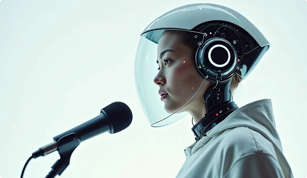 closeup shot of futuristic character with glass helmet shiny and futuristic, with mic in front of him for voiceover, he is an futuristic voiceover artist, the scene has minimalist vibe with creative elements related to futuristic, solid white minimal backg...