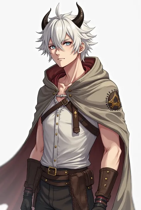  Aparência: A young man with white hair and white eyes, with a muscular and slender physique.
clothing: A simple adventurer costume, with leather parts and a cape that has a hood.
striking feature :  two horns on her head.
Style: anime.