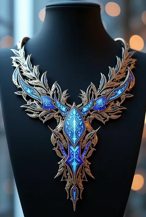 Create a necklace to represent two families united in marriage, one being Pendragon and the other being Luminus. It must contain technological and futuristic details