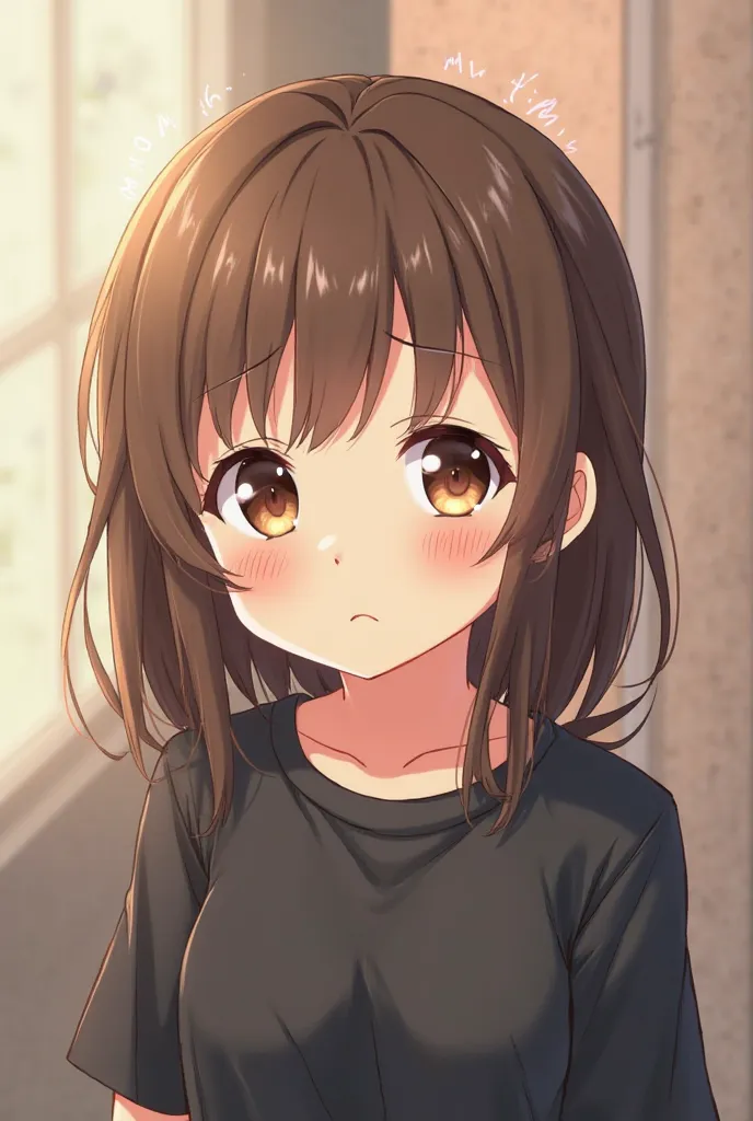 cute, cute, 2000s anime, Moe anime, 2000s anime style, Moe anime style, , cute anime girl, cute anime บอย, Medium long brown hair, brown eyes,  wearing a black shirt, Frowning