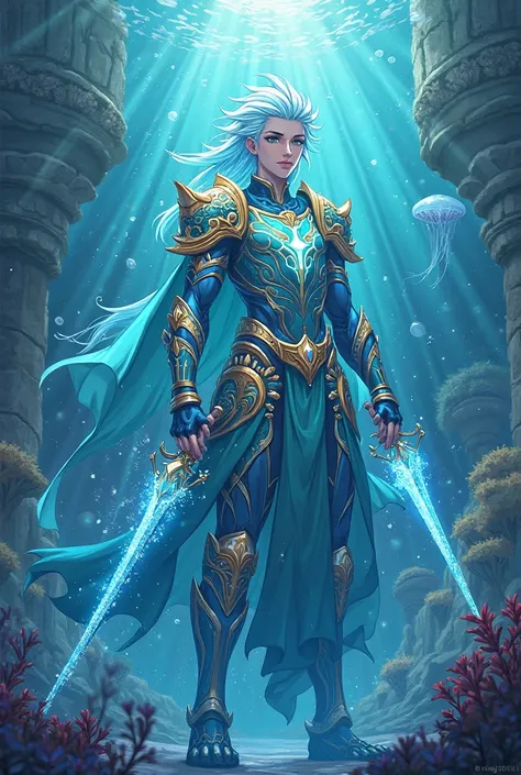 A new anime-style illustration of Myrdos, General of the Derinsular, depicted as an underwater warrior with an ethereal presence. Myrdos wears oceanic light armor decorated with intricate glowing aqua runes, seashell patterns, and elegant coral textures. T...