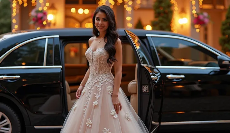 "Create a high-quality, hyper-realistic featured image that encapsulates the elegance and excitement of a quinceañera celebration. The scene should be set in the early evening with warm, ambient lighting, highlighting a sleek, deep black luxury limousine p...