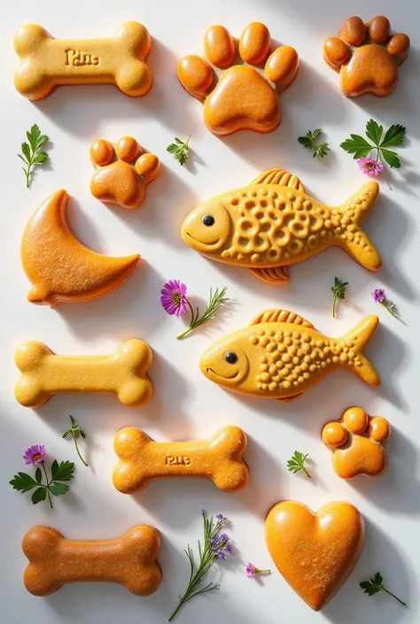 A collection of beautifully styled dog and cat treats, each shaped like different animals—bones, paws, fish, and hearts. These treats are arranged in a cute pattern, with fresh herbs and edible flowers scattered around them. Bright, natural light enhances ...