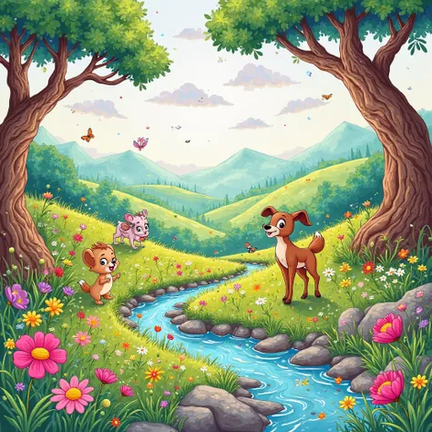 Disney cartoon style coloring book with a beautiful landscape 