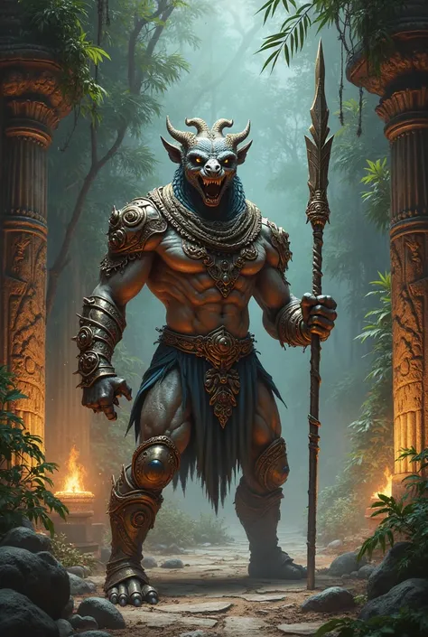 Warrior Snake Naga: A man with a snake's head, muscular body and visible scales. He wears metal armor and wields a spear. He is in an ancient temple, with carved columns and burning torches.Don't put those cute ones on it, put a jungle in the background 