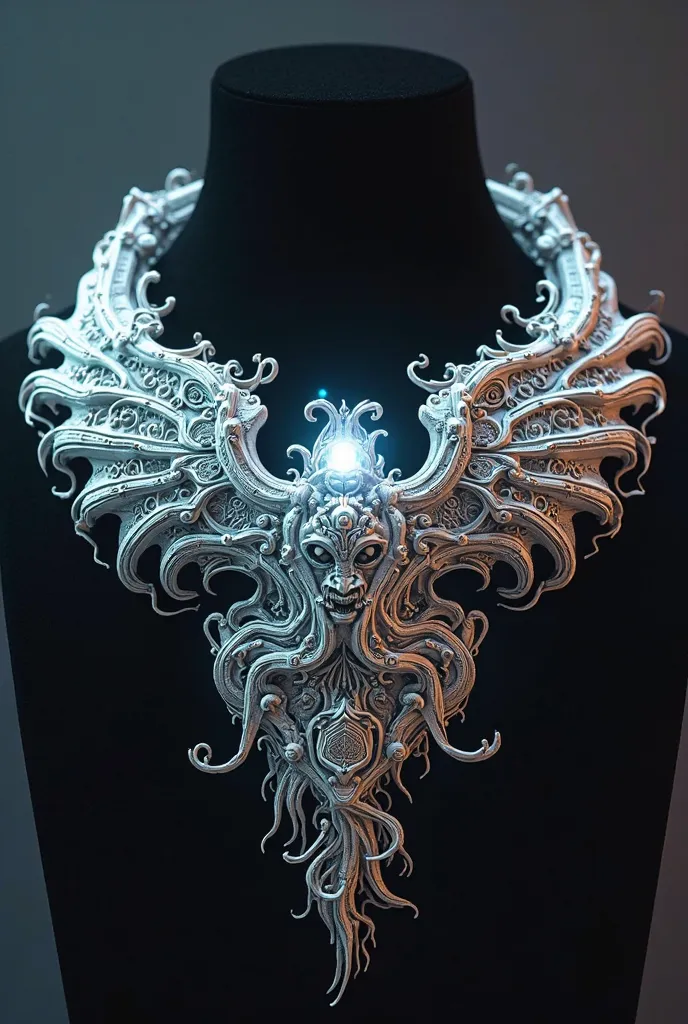 Create a necklace to represent two families united in marriage, one being Pendragon and the other being Luminus. It must contain technological and futuristic details, And to be delicate and made for a man. In the center there must be a symbol of a dragon 