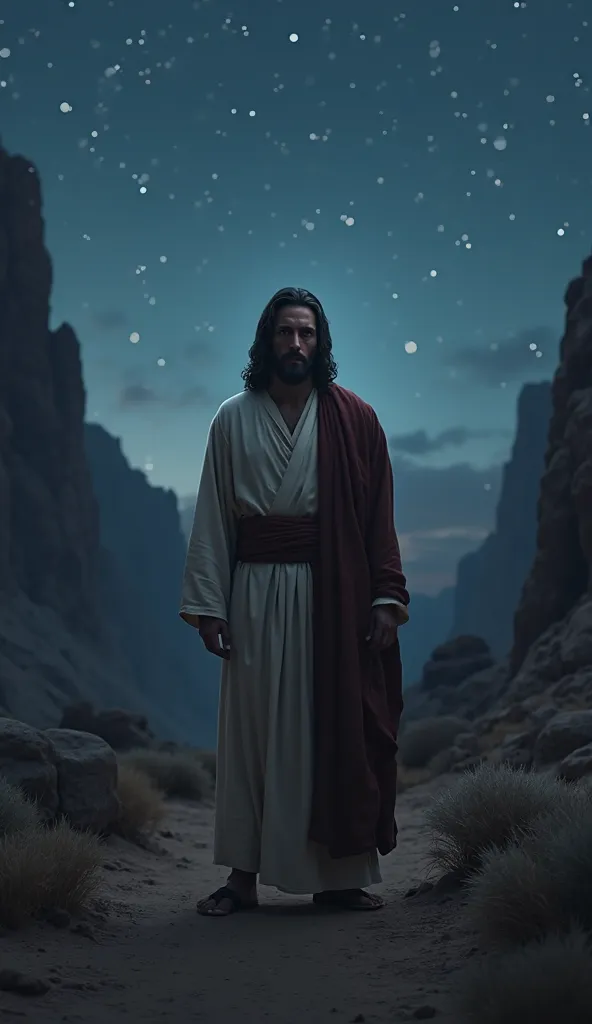 jesus christ in the desert at night ultra realistic front facing camera serious cinematic 8k