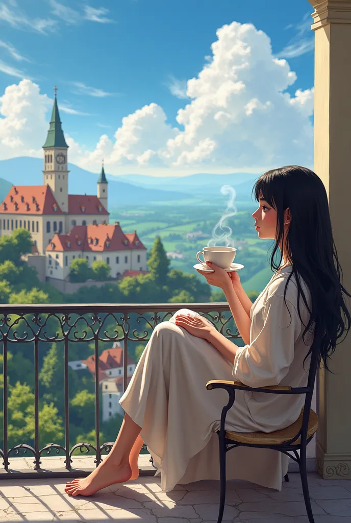 girl with black hair,  sits on the balcony drinking coffee and admiring the view of the Czech Republic