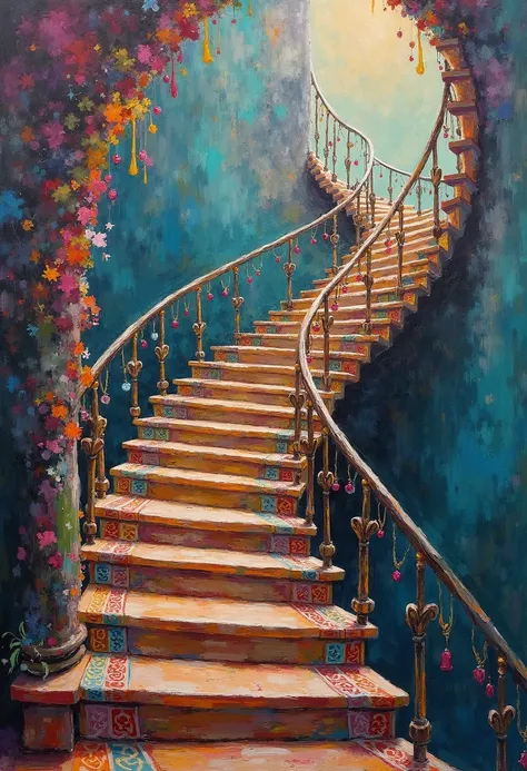 Optical illusion of a staircase,  wear oil paintings,  brush strokes , 