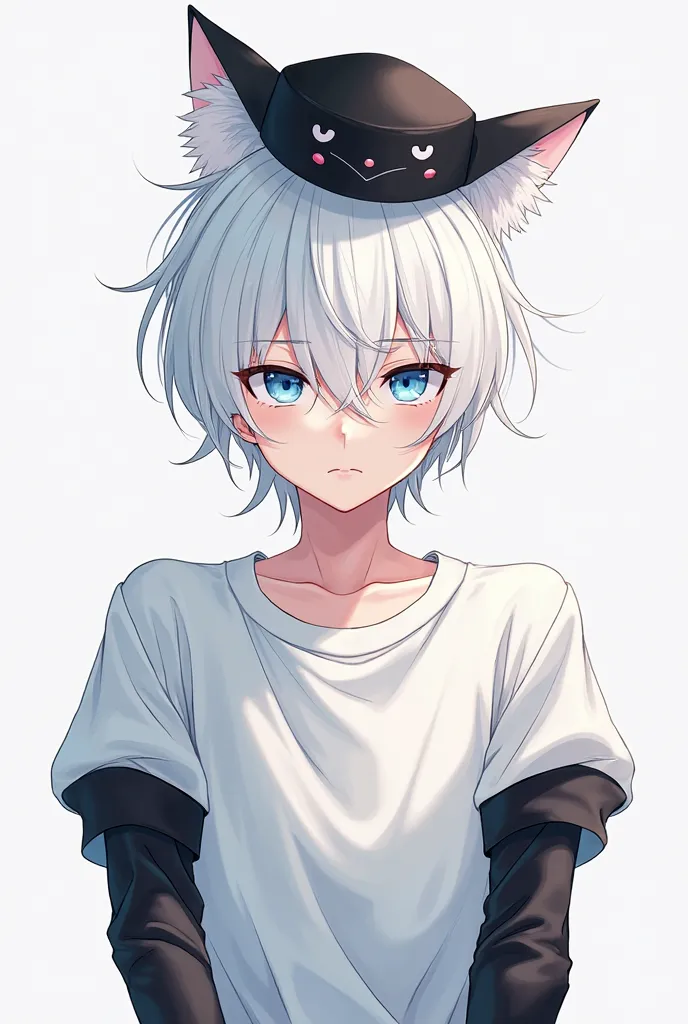 Create an anime boy with white hair,a black cat hat,a white shirt with black around the arms,a serious expression covering his face,with blue eyes and a white background