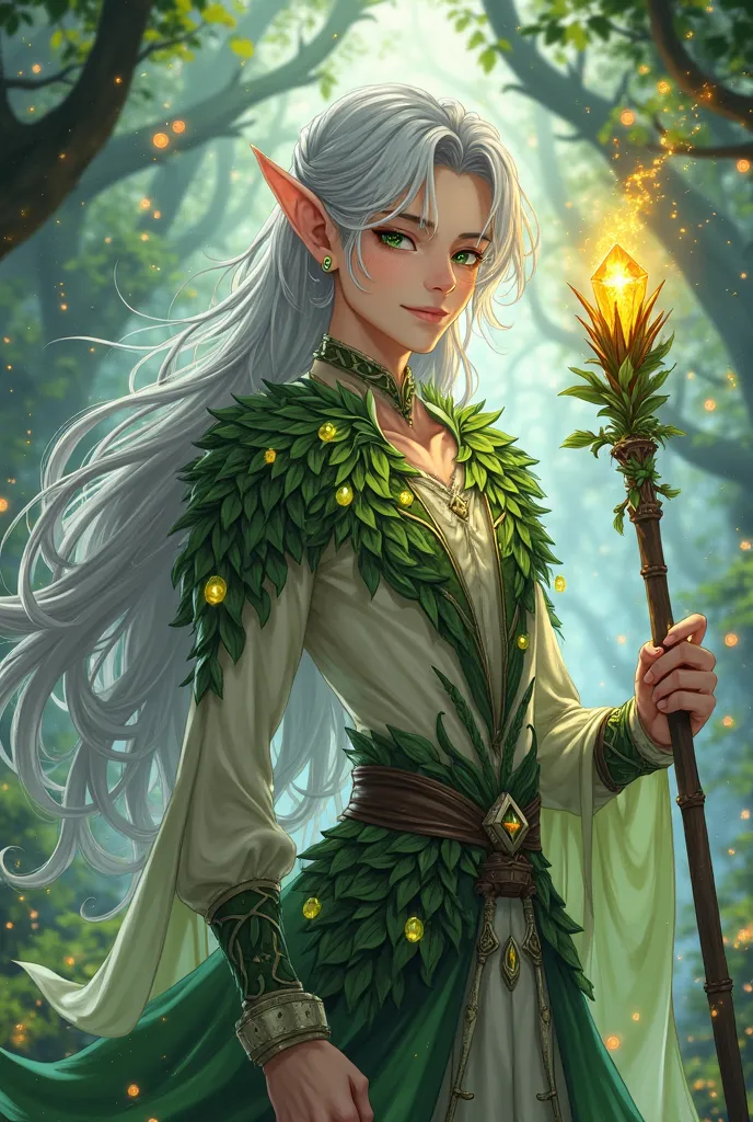 A fantasy anime-style male elf character with long, flowing silver hair, emerald green eyes, and pointed ears. He is wearing an elegant forest-inspired outfit made of leaves, vines, and shimmering fabrics, adorned with glowing gemstones. He carries a magic...