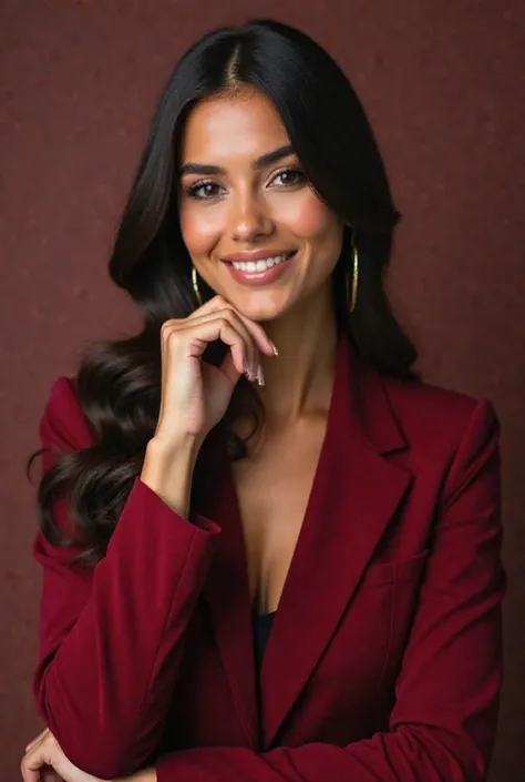 Create a 36-year-old Brazilian woman wearing the dark red costume, similar to wine or burgundy. It is an elegant color, and often associated with luxury, power and intensity . . It can refer to sophisticated shades of marsala or burgundy, depending on lumi...