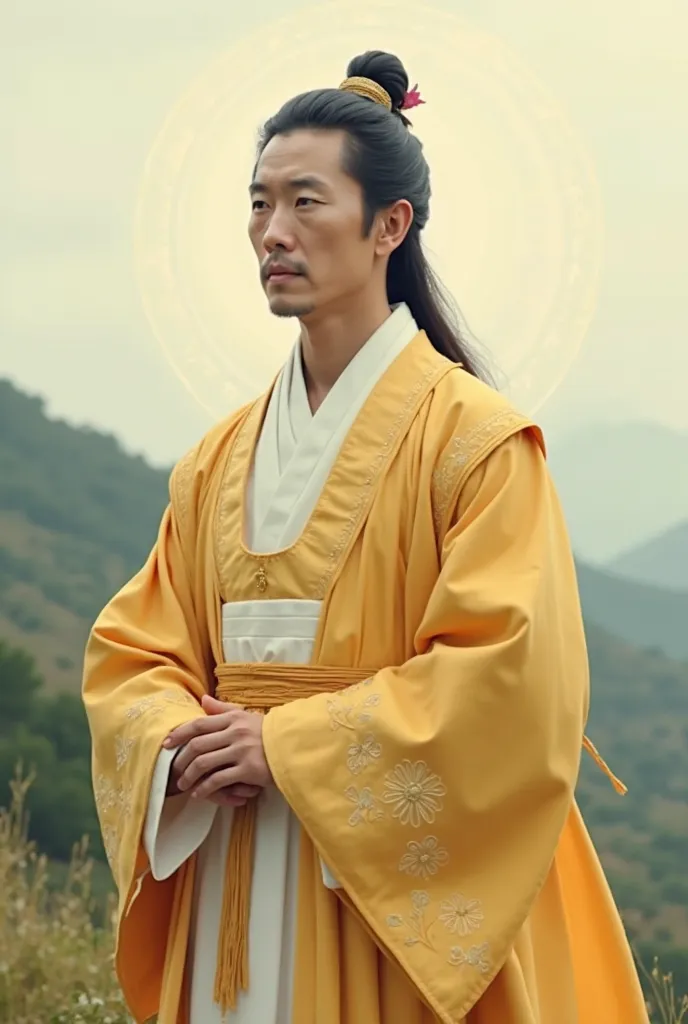 Average Korean man wearing yellow and white medieval era saint clothes 