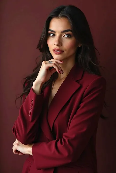 Create a 36 year old Brazilian woman wearing the dark red costume, similar to wine or burgundy. It is an elegant color, and often associated with luxury, power and intensity . . It can refer to sophisticated shades of marsala or burgundy, depending on lumi...