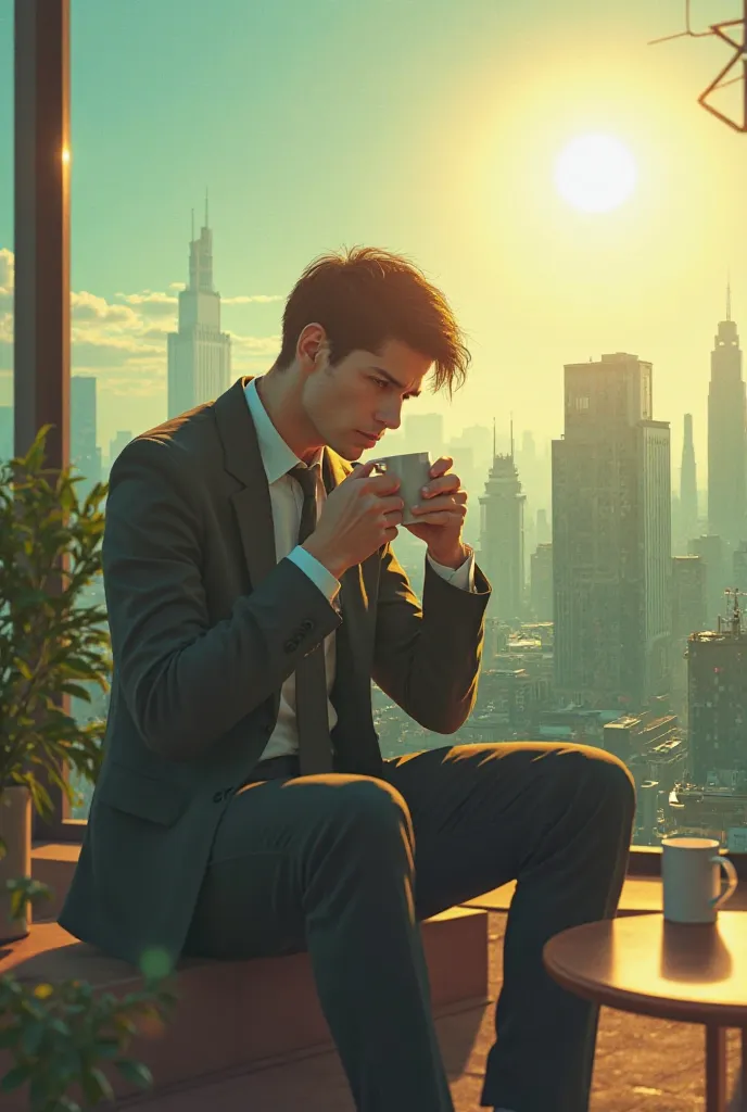 A young man in a suit with a very sad face is sitting in the center of the frame. He's drinking coffee . There is a second mug nearby, but empty.  The sun shines brightly in the background ,  good weather, beautiful cityscapes, robots and aliens are walkin...