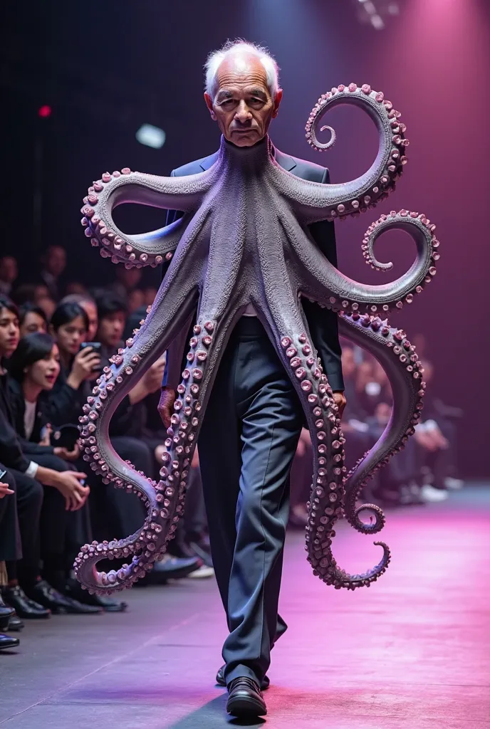 "A charming elderly male model, over 65 years old, confidently walking down a fashion runway. His entire body, including arms, legs, torso, and head, is made entirely of octopus, seamlessly blended to form a humanoid figure. His limbs extend into realistic...