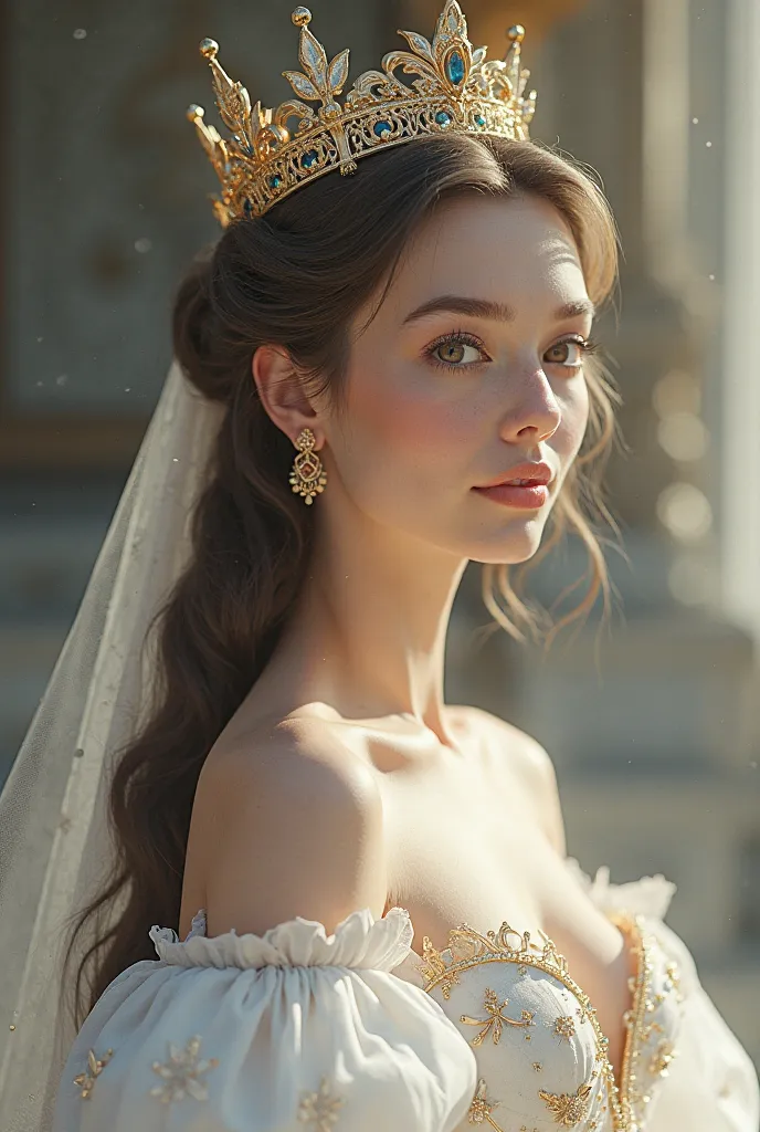 There is a woman in a white dress with a crown on her head.., a Beautiful Fantasy Queen, ((Beautiful Fantasy Queen)),  portrait of princess ,   Guvez style artwork  . 5D CGI animation fantasy artwork, 8K high definition detailed picture   