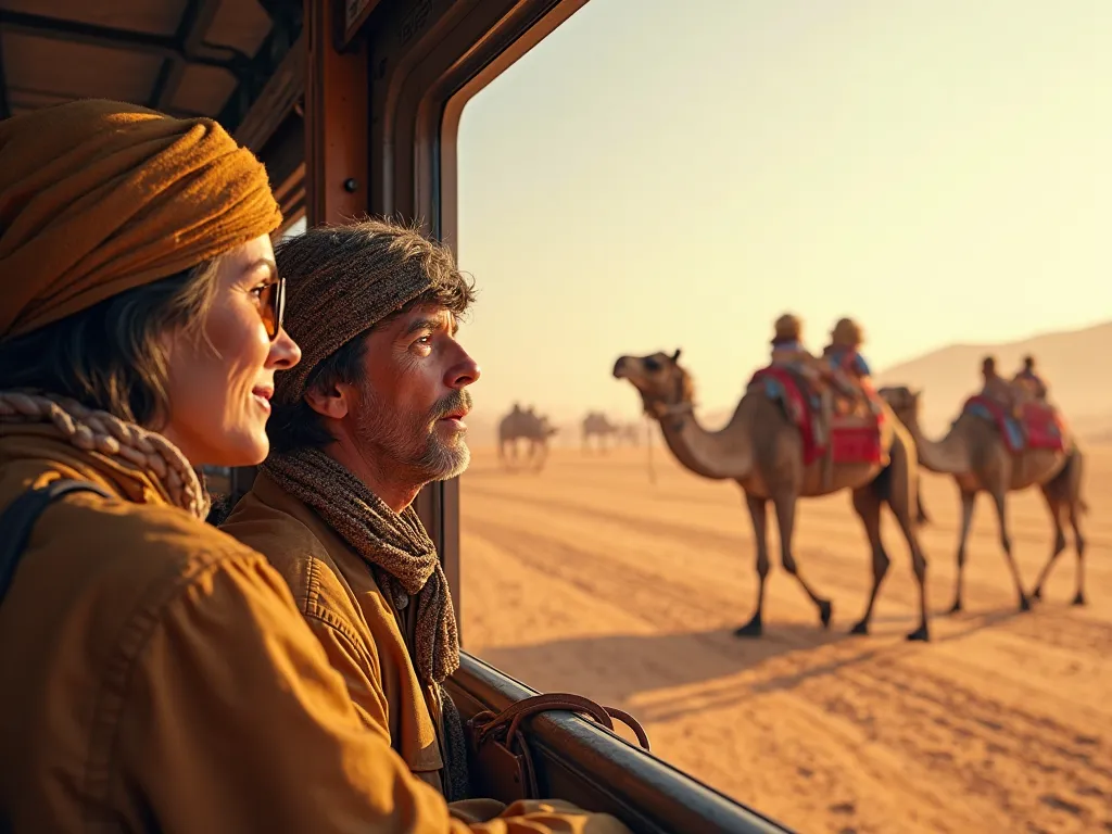 2 ren who saw camels for the first time from a train in the desert
in