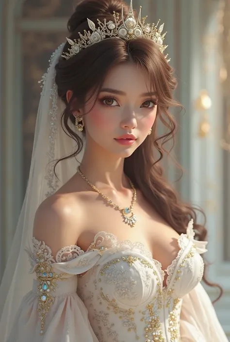 There is a woman in a white dress with a crown on her head.., a Beautiful Fantasy Queen, ((Beautiful Fantasy Queen)),  portrait of princess ,   Guvez style artwork  . 5D CGI animation fantasy artwork, 8K high definition detailed picture   