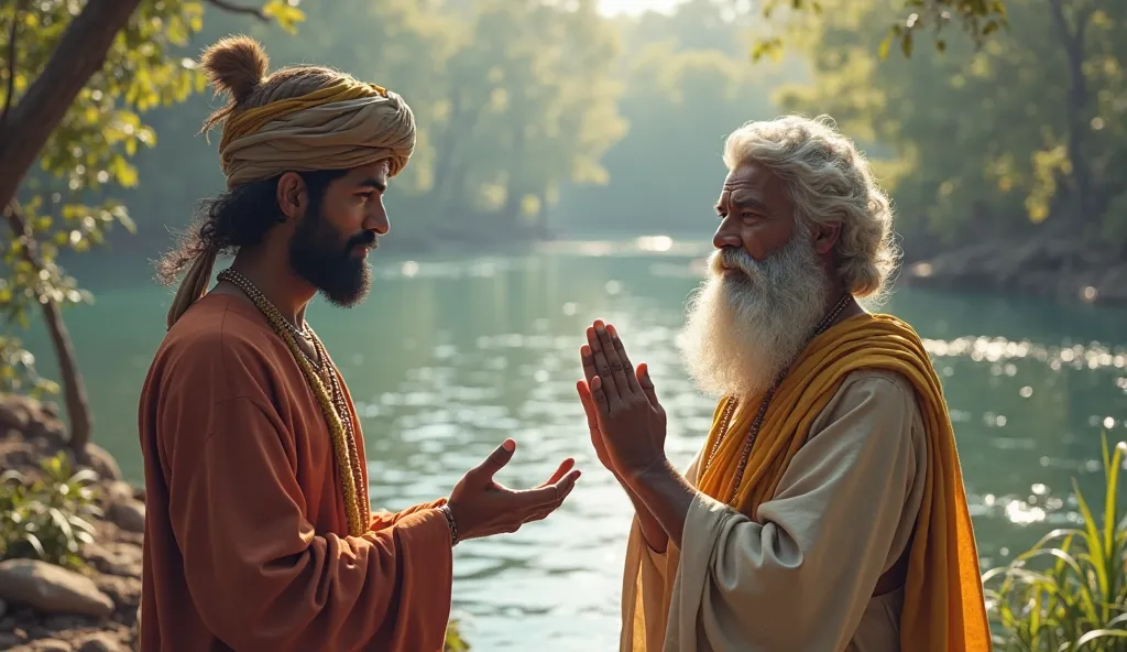 Ramlal shaking his head politely, rejecting the silver axe. His face reflects honesty and humility, while Jaldevta looks at him with admiration. Nadi