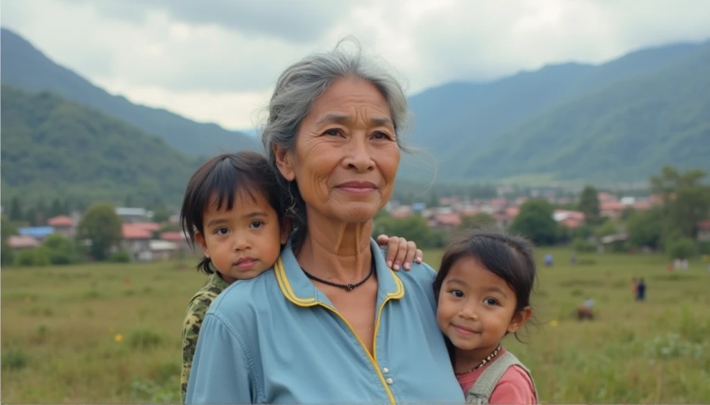 Realistic photograph and illustration portrait of a woman from Nariño, approximately 50 years old, with characteristics typical of the region 
With a light blue blouse and a thin yellow line collar 
With a girl and a boy of approximately s of age. 
Represe...