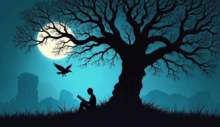 Create a horror movie tree, in a silhuette, put a man reading a book below thia tree, there is a full moon in the back, there is crow flying, the tree and the man looks like a shadow