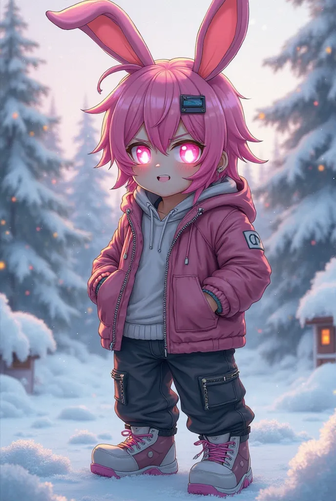 A young cool anime guy with pink hair and pink eyes,and has pink rabbit ears and shiny skin,with a little anger smile, in the snow, and hair clip wearing earrings and chain should &#39, cute but gloomy pink glowing eyes  and he wear men's stellar G2 boot a...