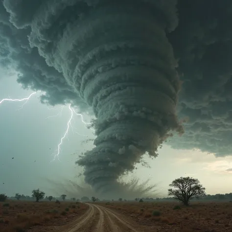 A massive, powerful tornado twisting down from dark storm clouds, tearing through an open landscape. The swirling vortex of wind is surrounded by flying debris, dust, and lightning flashing in the background. The sky is a mix of deep grays and blues, with ...