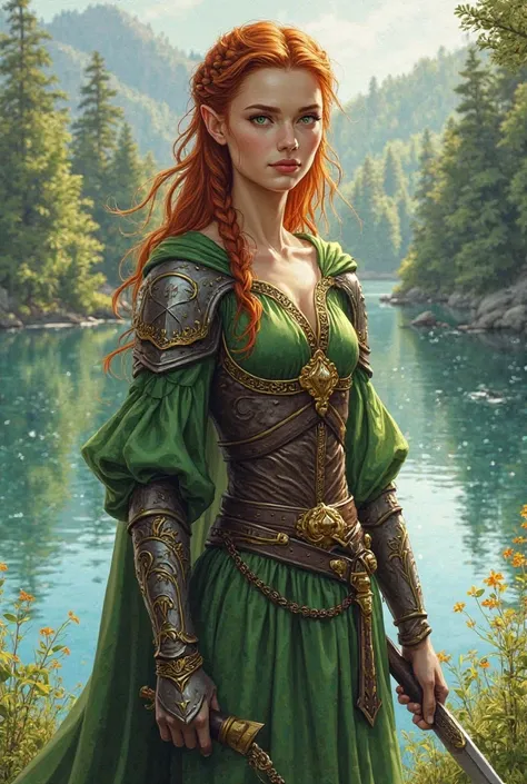 halbelf, woman, fair skin, Copper hair, zopf, braided, green eyes,  small pointed ears , green dress with golden embroidery, golden belt,  armor , fighter, by a lake, style drawing