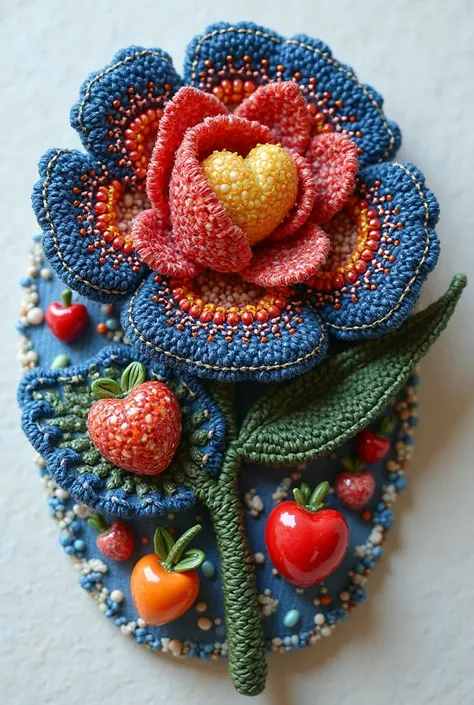 Brooch flower made of denim embroidered with beads with various plastic figures with hearts of fruits