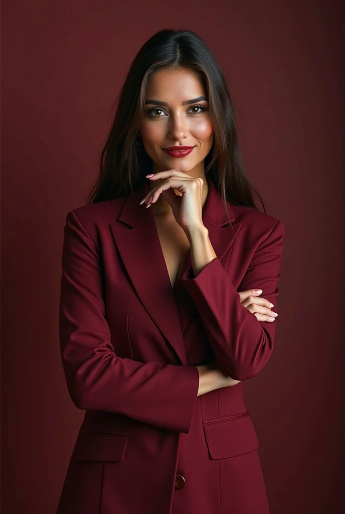 Create a 36-year-old Brazilian woman wearing the dark red costume, similar to wine or burgundy. It is an elegant color, and often associated with luxury, power and intensity . . It can refer to sophisticated shades of marsala or burgundy, depending on lumi...