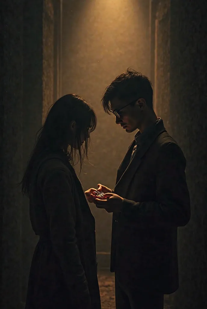 Create a long photo of a man and a detective girl standing with their backs to the screen so that you can't see their faces and look at a pendant in a dark room that they finally found