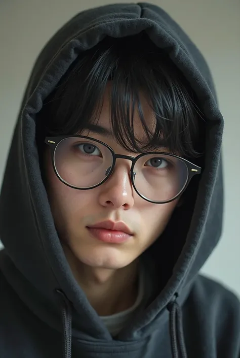 Realistic image 22 year old young man, man, Hacker. black hair,  light eyes. very pretty. glasses, thin frame . Sweatshirt covering the head.