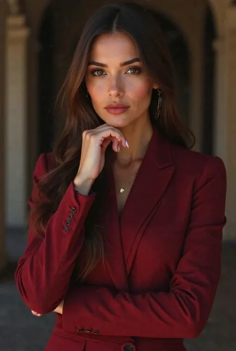 Create a 36-year-old Brazilian woman wearing the dark red costume, similar to wine or burgundy. It is an elegant color, and often associated with luxury, power and intensity . . It can refer to sophisticated shades of marsala or burgundy, depending on lumi...