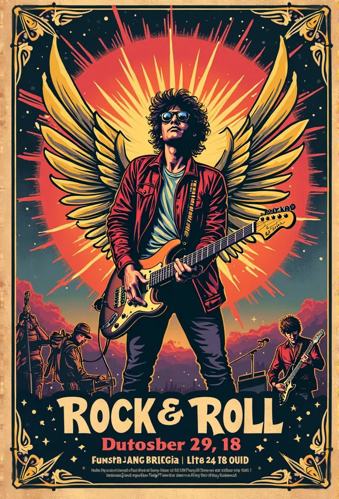 Create an old rock and roll flying poster with cool dates and illustrations that has a happy harmony, including lightning bolts, rock and roll designs, wings and all kinds of rock stickers