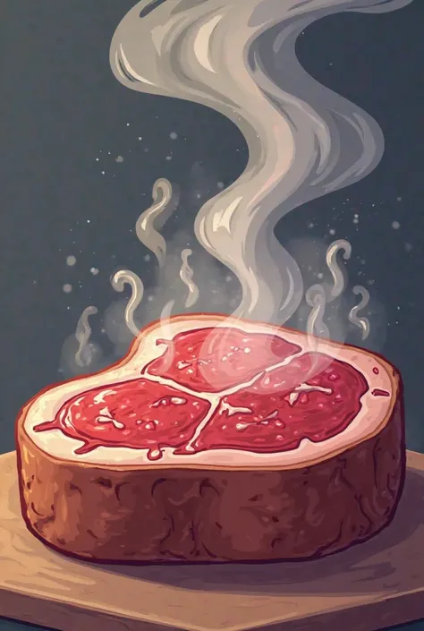 A beautiful cartoon steak that gives off smoke