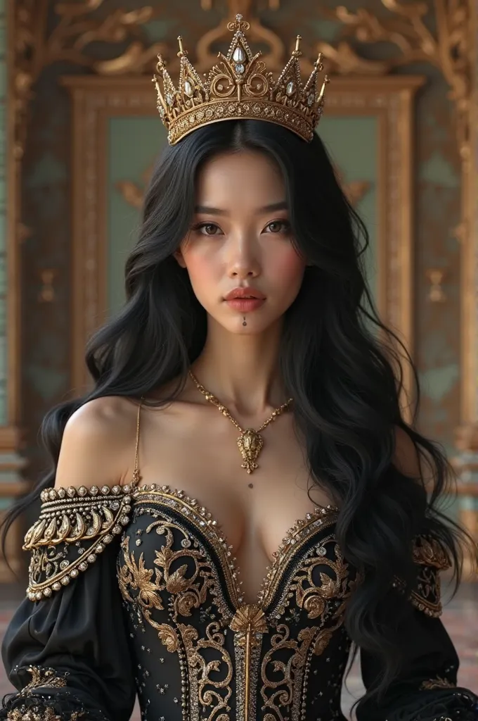 A girl with long black wavy hair dressed as a queen with a mole on her neck 