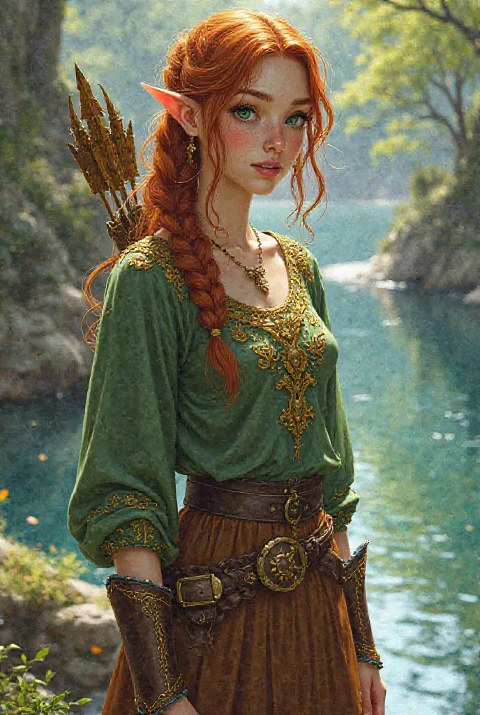 halbelf, woman, fair skin, Copper hair, zopf, braided, green eyes,  small pointed ears , green shirt , with golden embroidery, brown skirt, golden belt,  armor ,  archer, by a lake, style drawing