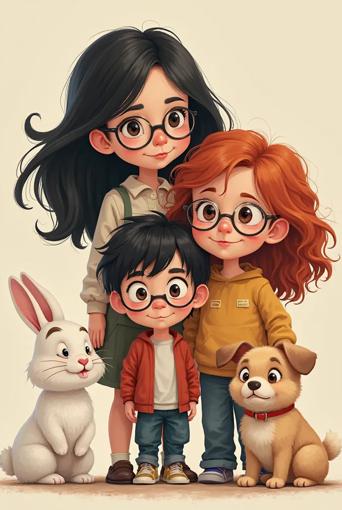 Make me an image with several characters one of them is a 15-year-old girl with black hair and little golden lines, a  boy with black hair, the mother with frizzy red hair, The three of them have glasses, next to them a white rabbit and a small light brown...