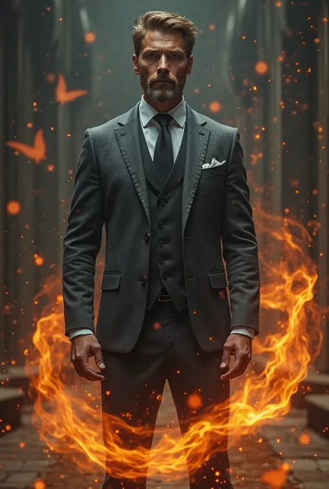 Handsome man in elegant grey-black suit summoning black birds made of fire