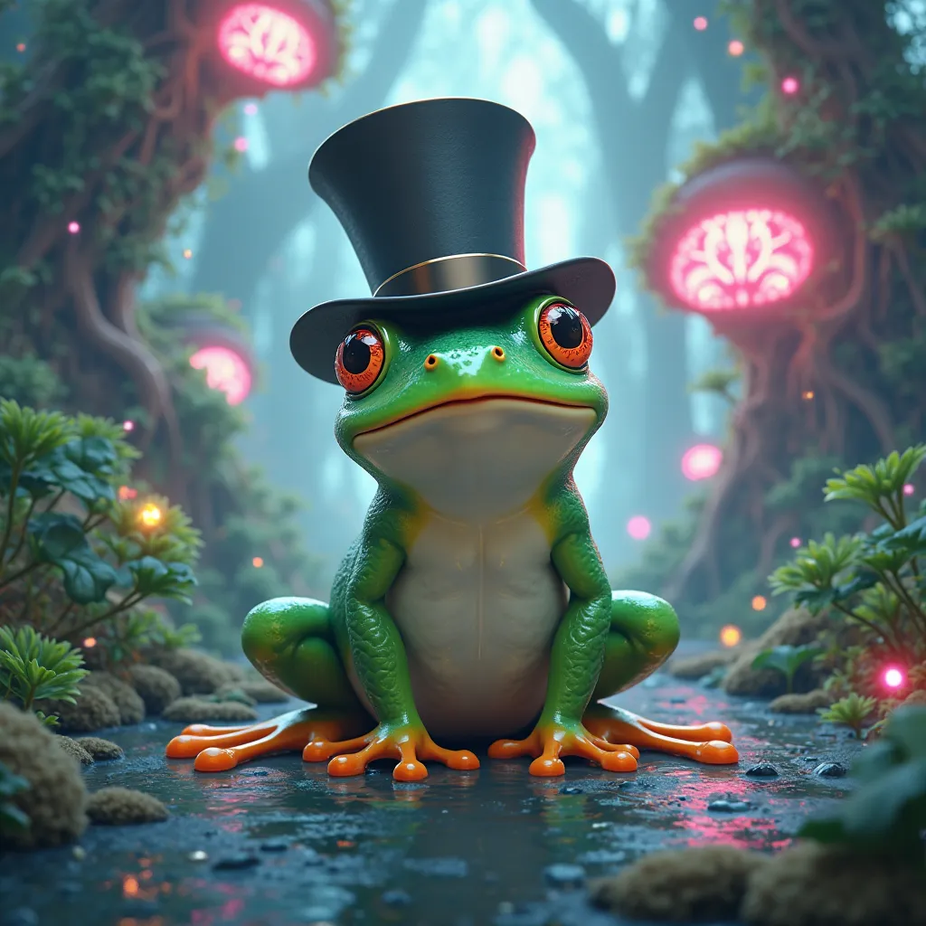 an anime-style top hat frog with a futuristic forest in the background, cute and lively 