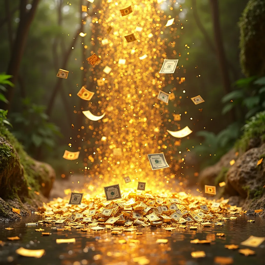 create a realistic scenario with a rain of golden dollars, and a waterfall of money behind, shiny and shiny, scenario with depth