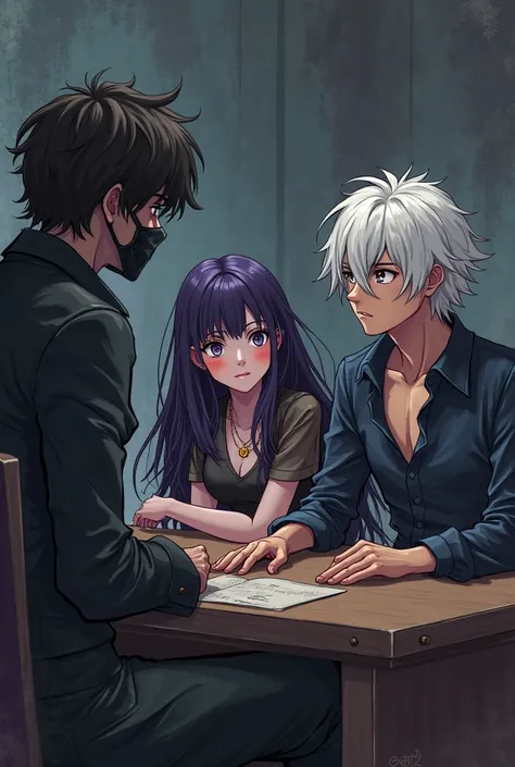 Three people sitting at a long table.  on the left, A ager in spy dress, dark hair and mask, from the back to the visual. next to him, a girl with long dark purple hair, pale skin and heterochromia, with a rope of Ravenclaw, looking sideways at the white-h...