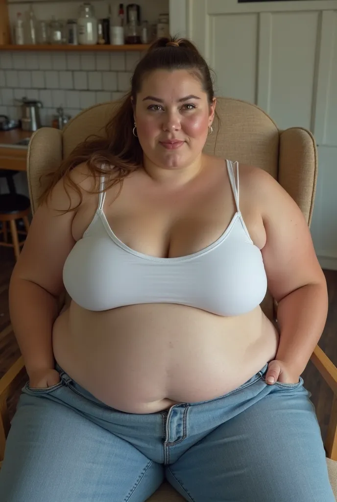 In a park, high angle view, a massive ass pawg voluptous plus sized 25-year old white brunette student sitting on chair in the kitchen with big protruding fat bloated belly, looking up at viewer, (eyes openned), light brown slickback ponytail, slight face ...