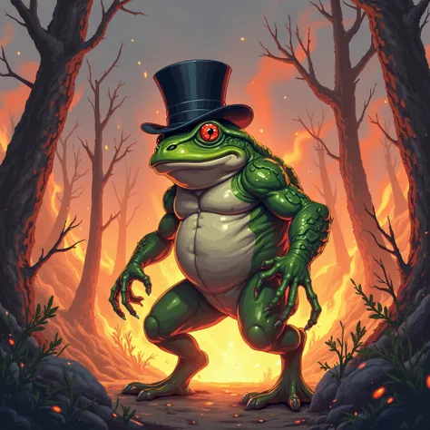 A warrior frog with a top hat, In a forest on fire and futuristic in the 2D anime style