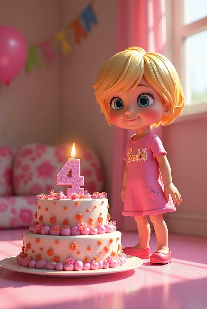 "3D , style Pixar image of a blonde girl with short hair and black eyes, wearing a pink shirt with the word 'Gabi' written on it and a matching pink dress. She is standing next to a birthday cake with the word 'Gabi' written on it as well. The cake has a c...