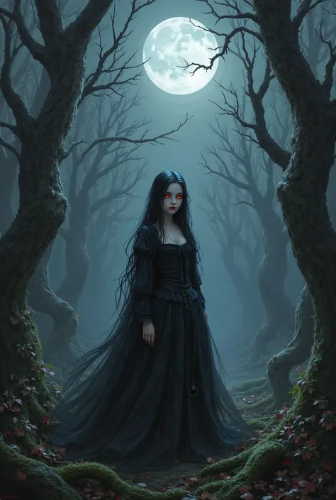 You could create an image viewing the situation from your personal perspective? I want to see how you interpret the scene or concept from a first-person point of view. A little vampire girl in medieval clothing with black hair and red eyes in a dark forest...