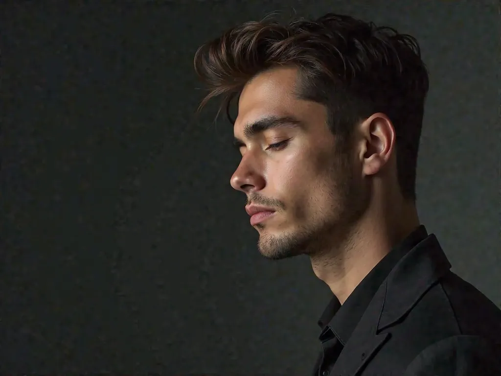 The image of the upper part of a very handsome 25-year-old man with his eyes closed and with a grey-black background and that the image is on the right side of the rectangle